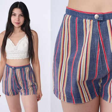 60s Striped Shorts Blue Trouser Shorts High Waisted Rise Mod Retro Pin Up Hot Pants Cotton Tan Red Boho Vintage 1960s Extra Small xs 25 