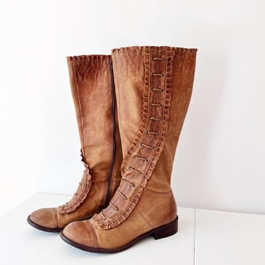 SIZE 9 Vintage Anthropologie Winding Ruffle Boots / Asymmetrical Lace Up Leather Booties Knee High 