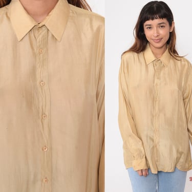 Silk Armani Shirt 90s Muted Yellow Button Up Shirt Retro Long Sleeve Collared Top Plain Designer Vintage 1990s Men's Medium Large 