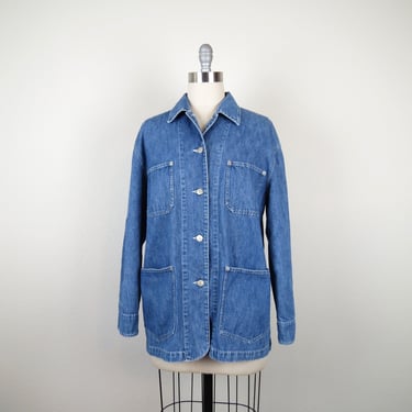 Vintage 1990s women's denim chore jacket size medium J Crew medium wash riveted 