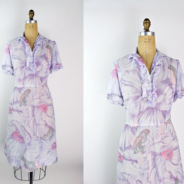 70s Floral Sheer Dress / Pink and Lilac Dress / 70s Floral Dress / Size M/L 