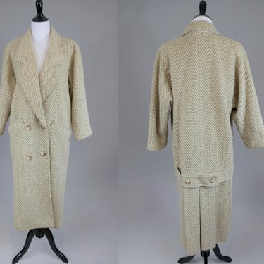 80s Oversized Herringbone Coat - Light Brown Taupe Wool - Cool Back Hem Pleat Detail - J Gallery - Vintage 1980s 