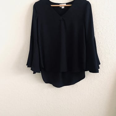 Kamana 90s Vintage Black V Neck Bell Sleeve Chiffon Blouse Size Small 