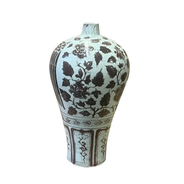 Chinese Oriental Brown Off White Base Graphic Ceramic Vase ws2520E 