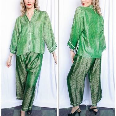 1920s Silk Green Floral Loungewear PJ set - Large 