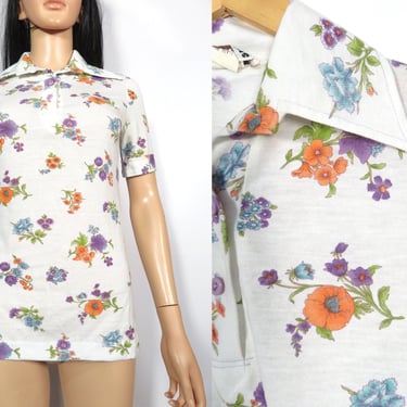 Vintage 70s Cotton Floral Polo Tshirt Size M 