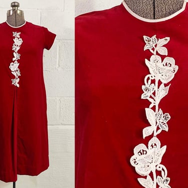 Vintage Red Velvet Dress Christmas Wedding Short Sleeve Party Cocktail Holiday 1960s 60s Small XS 