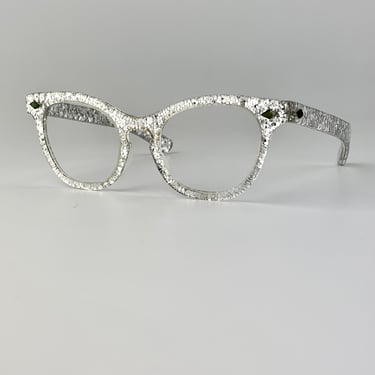 1950's Silver Glitter Frame - Clear Plastic Frame with Super Shinny Silver Glitter - Optical Quality Glasses with No Lenses 