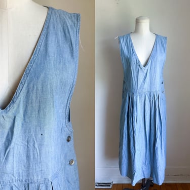 Vintage 1990s Chambray Blue Pinafore Dress / S-M 