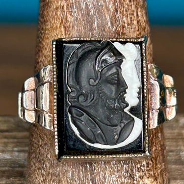 Vintage Glass Double Soldier Ring Black And White Silver Tone Art Deco Jewelry 