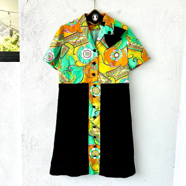 Vintage 60s Psychedelic Collared Dress 1960s Bright Floral Shirtdress 