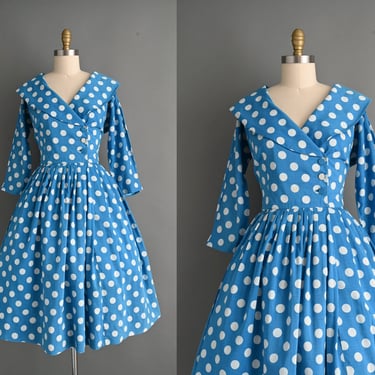 vintage 1950s Blue Polka Dot Full Skirt Cotton Dress | Medium 