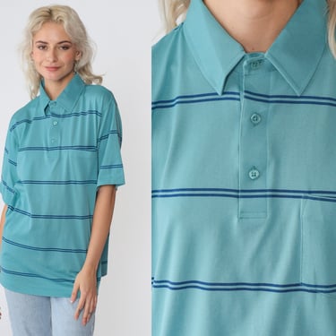Teal Striped Polo Shirt 90s Collared Shirt Preppy Short Sleeve Top Blue Stripes Retro Chest Pocket Basic Collar Vintage 1990s Men's Large L 
