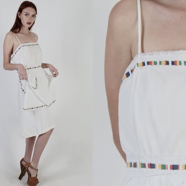 Vintage 70s White Eyelet Dress / Solid Color Garden Lawn Dress / Striped Lace Sundress Mini 