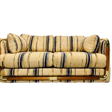 Postmodern Herculon Stripped Wood and Brass Frame Mod 80s Schweiger Sofa in the Style of Jack Lenor Larson and Milo Baughman 