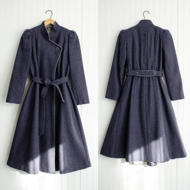 blue princess coat 70s 80s vintage navy blue wool belted coat 