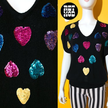 Cute Vintage 80s 90s Colorful Sequin Hearts Black Knit Top by Heidi 