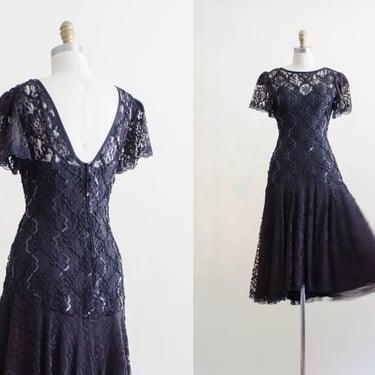 80s black lace party dress | sequined flounce flamenco cocktail dress 