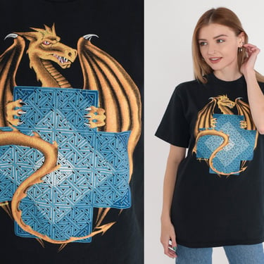Dragon T-Shirt 90s Sacred Geometry Shirt Asian Mythology Animal Graphic Tee Retro TShirt Fantasy Black Top Vintage 1990s Jerzees Medium M 