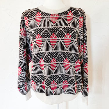 80s Cream Black and Red Abstract Pullover Sweater | Plus Size 1X 2X 