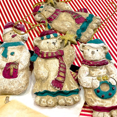 VINTAGE: 4pcs - Hand Painted Chalkware Ceramic Ornaments - Bears Ornaments - Snowman Ornaments - SKU 25-C1-00034701 