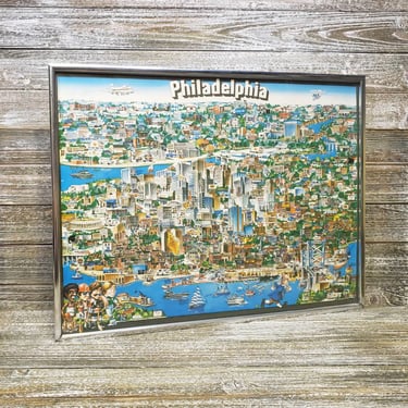 Vintage Philadelphia City Character Print, Framed Animated Pictorial Philly Aerial View, Pennsylvania Landmarks Map, Retro Vintage Wall Art 