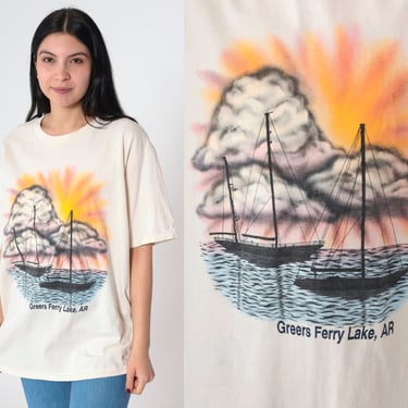 Greers Ferry Lake Arkansas Shirt 80s 90s Sailboat T-Shirt Graphic Tee Retro Pale Yellow Tourist TShirt Vintage Single Stitch 1990s Medium 