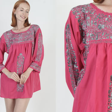 Long Sleeve Oaxacan Mini Dress Pink Mexican Cover Up Womans Hand Embroidered Bell Sleeves San Antonio Floral Puebla Blouse 