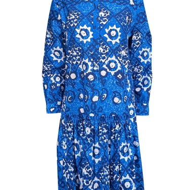 Saloni - Blue & White Print Cotton Shift Dress Sz 8