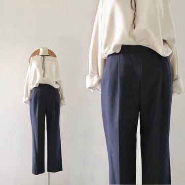 navy wool trousers - 24 - vintage 90s high waist pleated front dark blue classic pants 