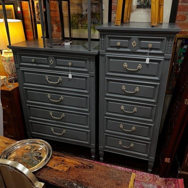 Matching, sold separately. Gray painted 5 drawer chest 34” x 19” x 47.5”
Gray painted lingerie chest 24” x 19” x 55”
