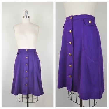 Vintage 1970s skirt, a-line, purple, knit, button front, size medium 