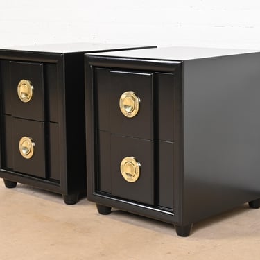 Karpen of California Mid-Century Modern Black Lacquered Nightstands, Newly Refinished