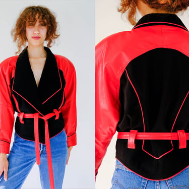 Vintage 80s TWIN'S Lipstick Red Leather & Black Stretch Colorblock Cropped Belted Jacket  | Made in USA | 1980s Designer Chic Leather Jacket 
