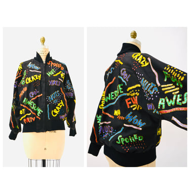 80s 90s Vintage Black Sequin Jacket with Words 90s pop art// Vintage Black Sequin Jacket Bomber Awesome Party Fun Jacket Medium Large XL 