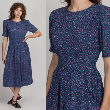 80s Floral Pocket Midi Dress - Small to Medium | Vintage Karin Stevens Pleated Grunge Dress 