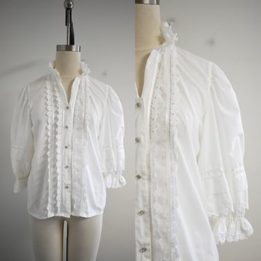 1980s White Lace Trimmed Austrian Blouse 