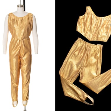 Vintage 1950s Pant & Top Set | 50s Metallic Gold Lamé Lurex Western Rockabilly Pin Up High Waisted Cigarette Pants Tank Top Outfit (small) 