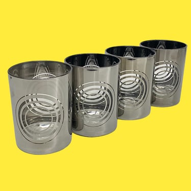 Vintage Whiskey Glasses Retro 1970s Mid Century Modern + Silver Lusterware + Glass + Reflective + Bullseye Design + Set of 4 + Rocks Glass 