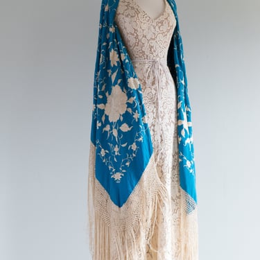 Exquisite Embroidered Cantonese Manton Shawl in Turquoise Silk