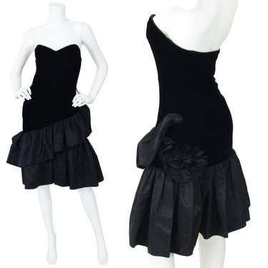 Carven Paris 1980's Vintage Flamenco Influenced Black Velvet Taffeta Strapless Party Dress Sz XS 