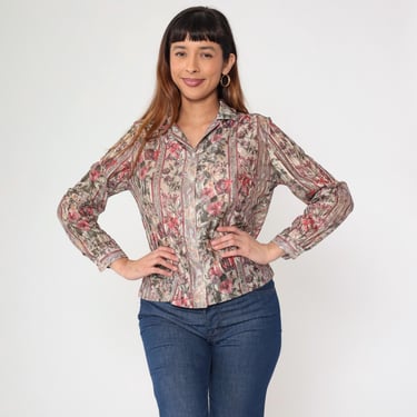 80s Striped Floral Shirt Vintage Beige Red Long Sleeve Blouse Button Up 1980s Boho Collared Top Shiny Medium M 