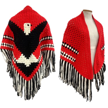 Vtg Vintage 1970s 70s Thunderbird Firebird Eagle Crochet Long Fringe OOAK Shawl 