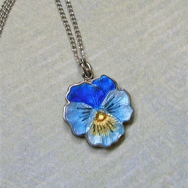Vintage Sterling Silver and Enamel Pansy Necklace, Silver Pansy Pendant, Vintage Sterling Silver Pansy Pendant Necklace (#4174) 