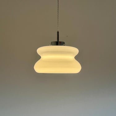 Space Age White Glass Pendant Light /  Mid Century Modern Cased Glass Ceiling Light / Minimalist Hanging Lamp / UFO Lamp / 1970s 