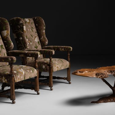 Reclining Wing Chairs in Crewel Velvet / Burl Wood Coffee Table