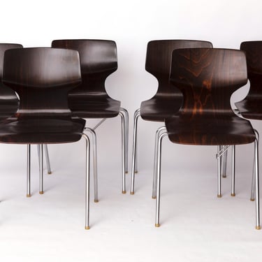 Set 6 Flötotto Pagwood Chair – German Design Classic, 1970s, Chrome & Plywood 