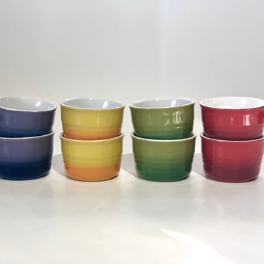 Set of Eight (8) Multi Color Stoneware Ramekins/Small Bowls Gradated Blue Yellow Green and Wine Red 2 of Each Color 