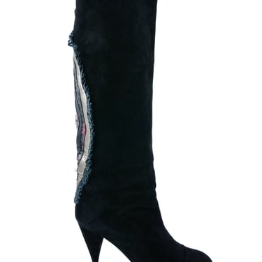 Leather Applique Suede Heeled Boots, 7