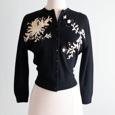 Stunning 1950's Dalton Virgin Cashmere Cardigan With Dramatic Antique Floral Applique in The Style of Helen Bond Carruthers  / SM